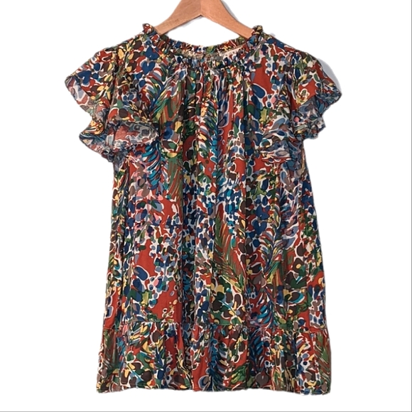 Kori Tops - Kori America Floral Ruffle Short Sleeve Oversized Peplum Boho Blouse Top